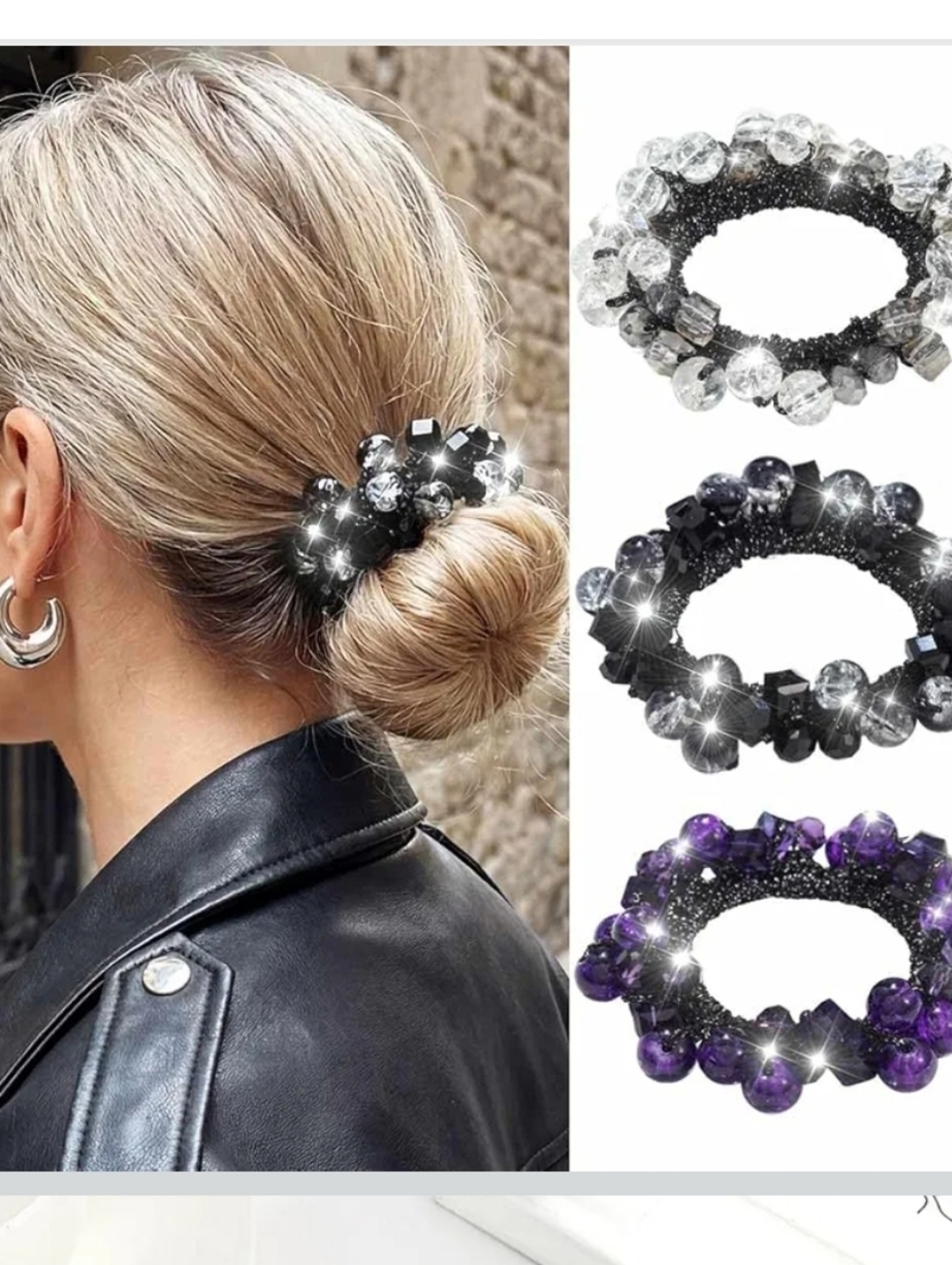 3 PCS Crystal Bead Hair Tie - Purple and Black